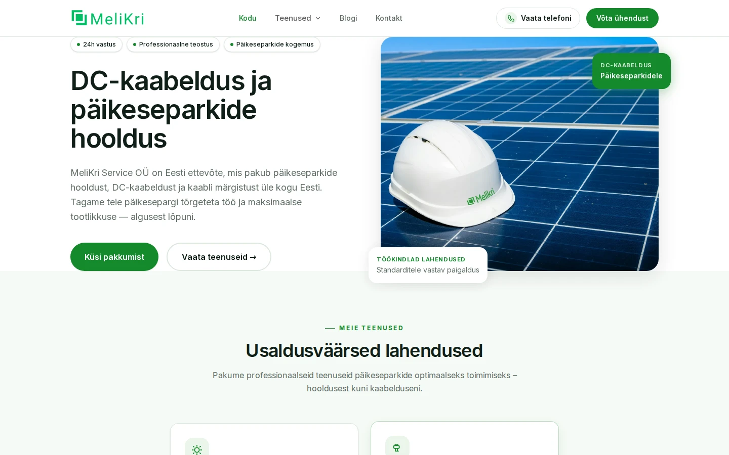 MeliKri Service OÜ koduleht — DC kaabeldus ja päikeseparkide hooldus